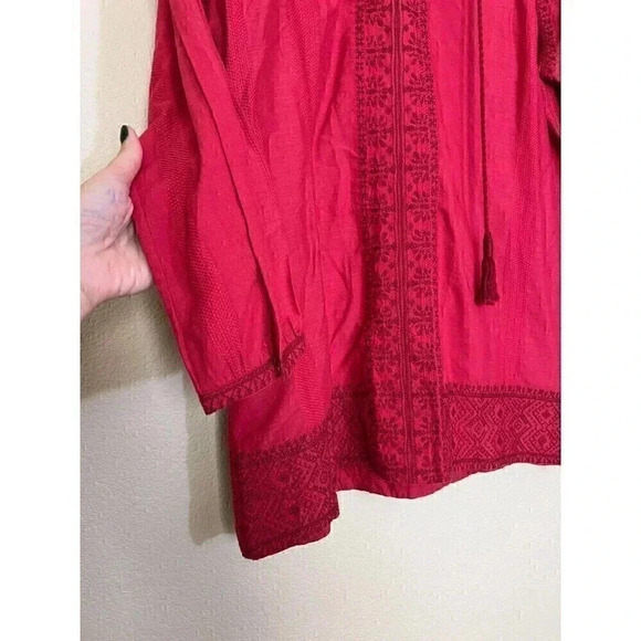Madewell Women's Top Size XXS Red Embroidered 3/4 Sleeve Tassel Holiday - Picture 2 of 11